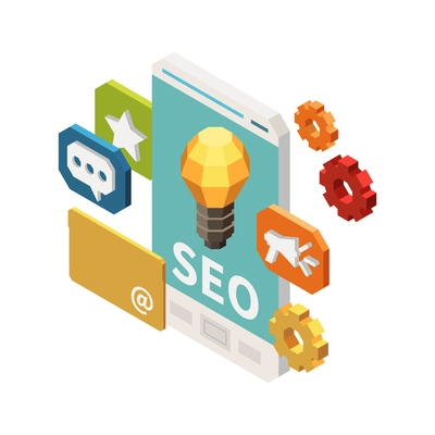 Web seo isometric composition with pictogram icons of messages and gear with smartphone vector illustration