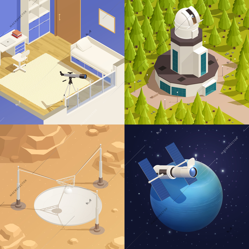 Astronomy 2x2 design concept with home and professional telescopes 3d isometric isolated vector illustration