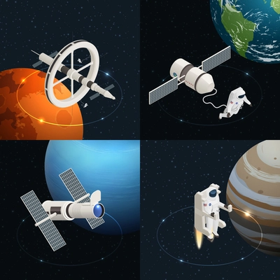 Astronomy 2x2 design concept with astronauts station telescope in outer space 3d isometric isolated vector illustration