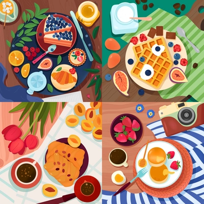 Coloring food 2x2 design concept with top view of tables served with different baked goods fruits and berries vector illustration