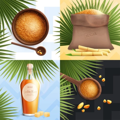 Four square realistic cane sugar icon set with golden rum spoon with brown sugar and big bag vector illustration