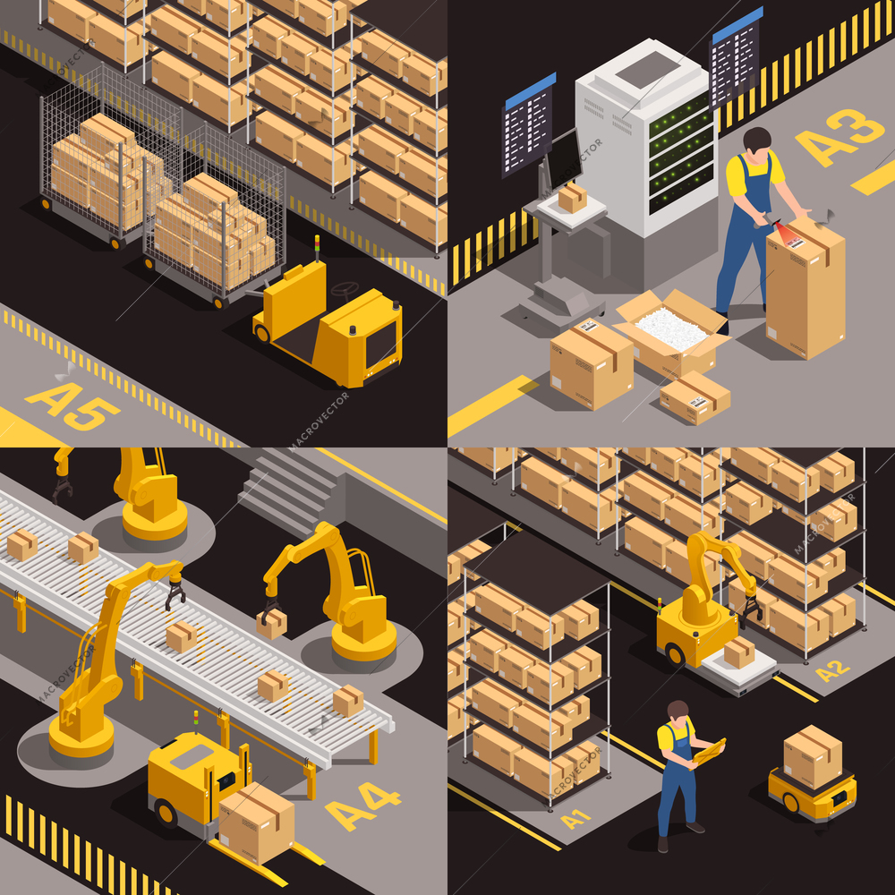 Modern warehousing concept 4 isometric compositions with fully automated robotic conveyor belt cargo storing isolated vector illustration