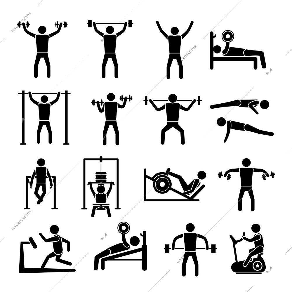 Workout sport and fitness gym training icons black set isolated vector illustration