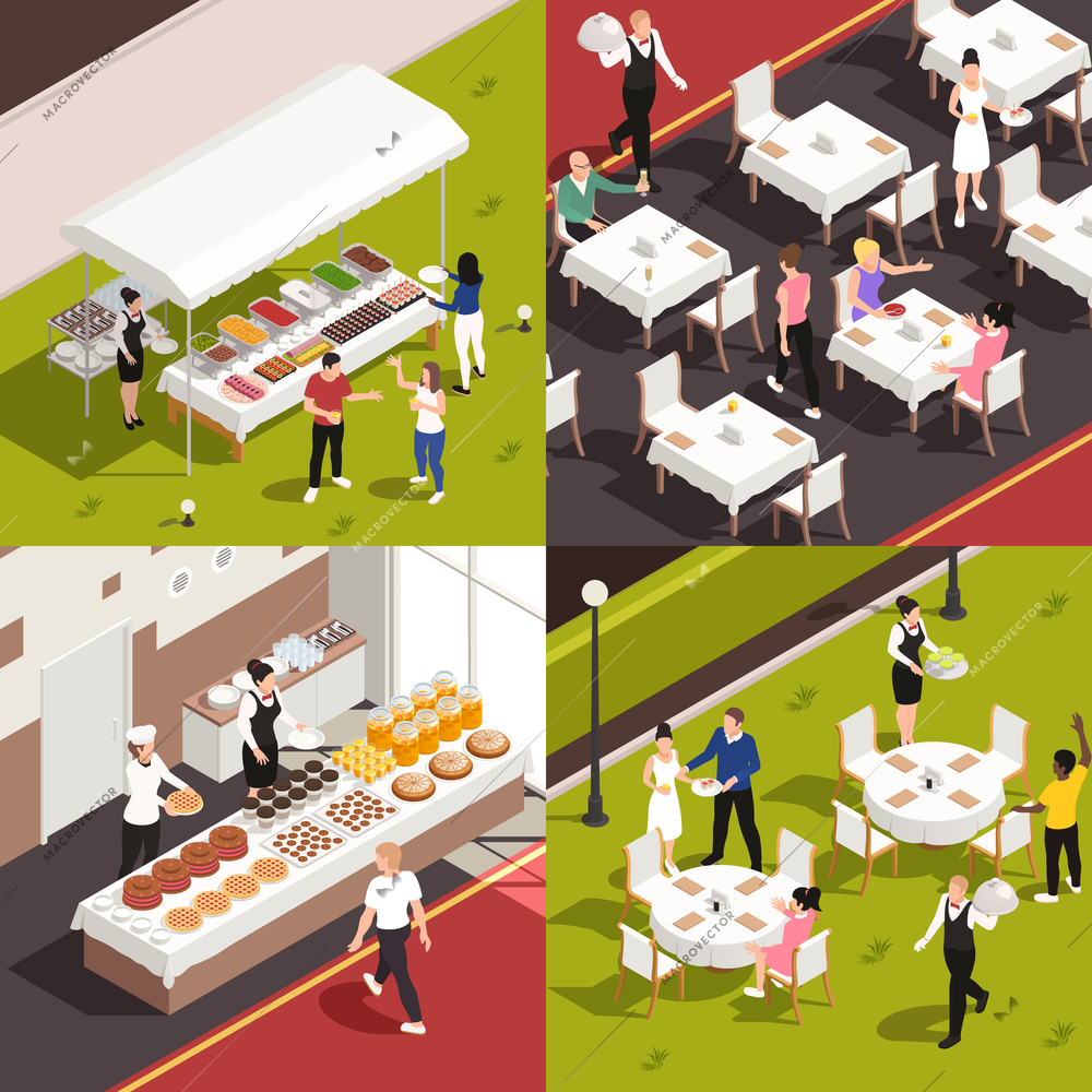 Catering service concept 4 isometric compositions with banquette buffet corporate lunch outdoor wedding celebration isolated vector illustration