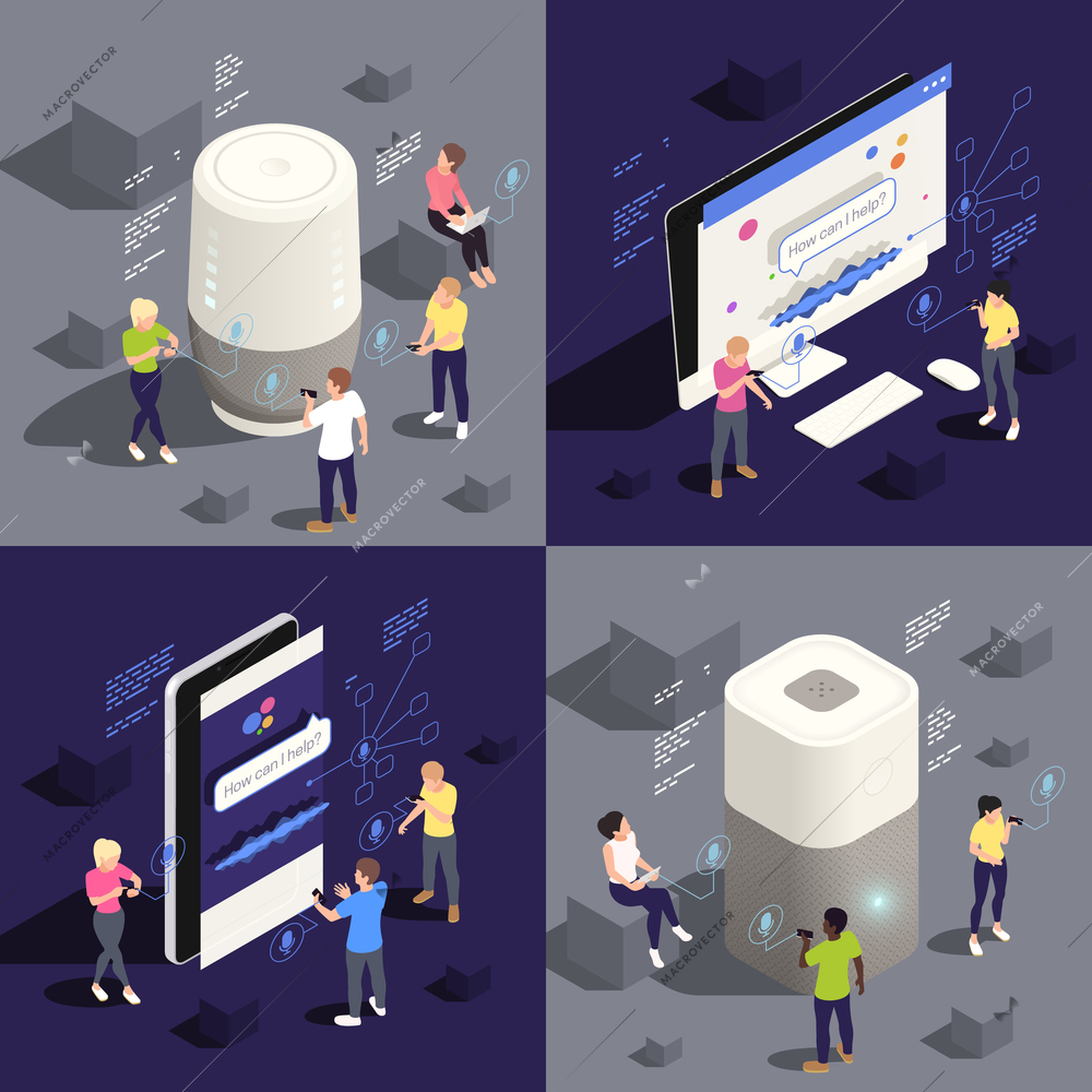 Smarthome voice assistant concept 4 isometric compositions with users giving commands smartphone laptop pc apps vector illustration