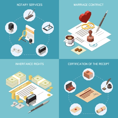 Notary services 2x2 design concept set of marriage contract inheritance rights certification of receipt isometric compositions vector illustration