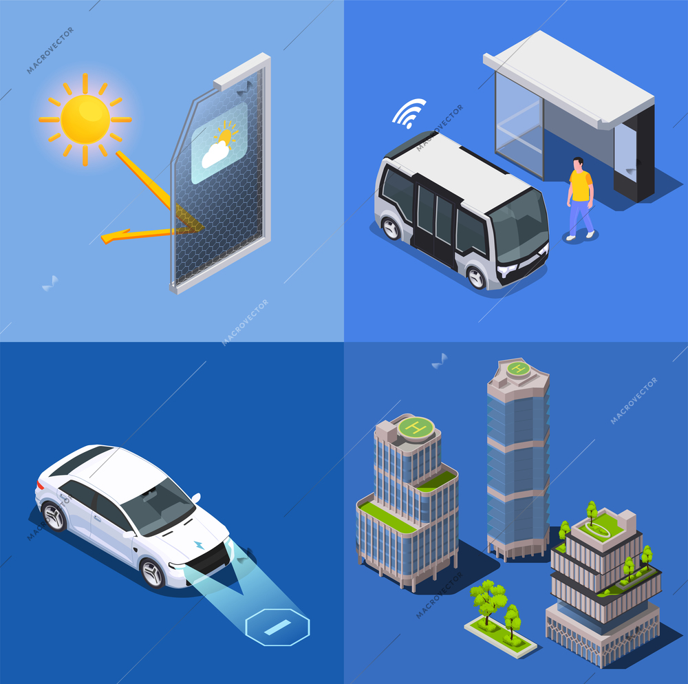 Smart city technologies isometric design concept with images of remote bus car and buildings with helipads vector illustration