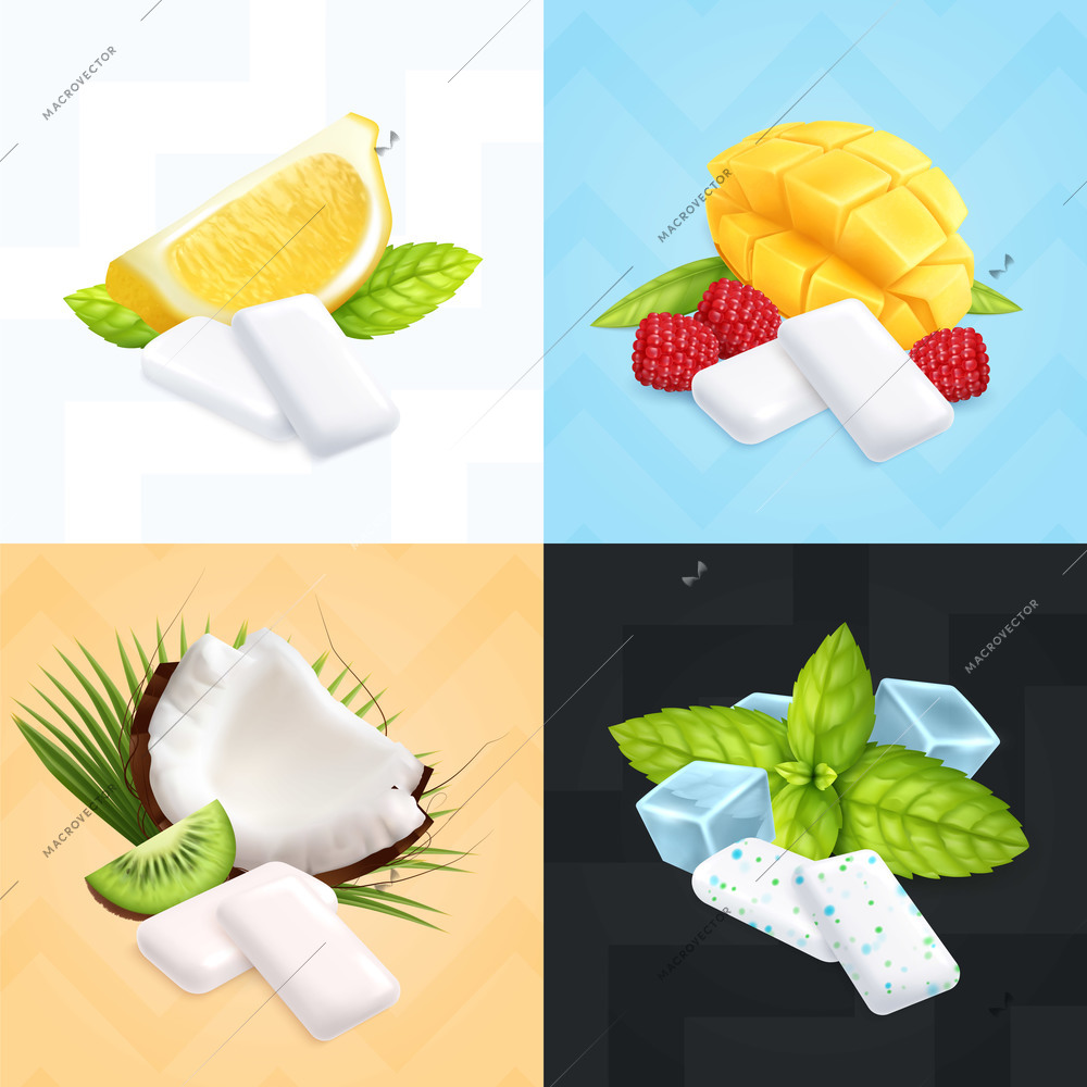 Bubble gum concept icons realistic set with different tastes isolated vector illustration