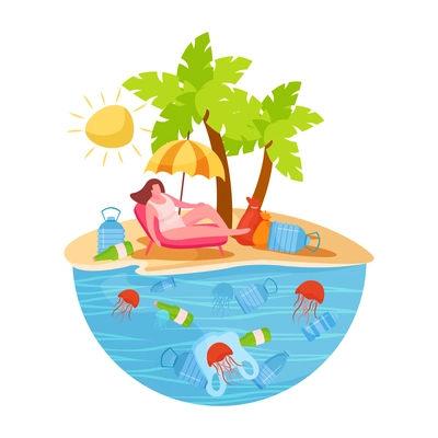Self care concept flat composition sunny island with polluted coast plastic bags and other rubbish vector illustration