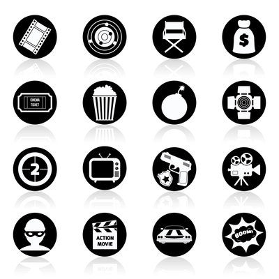 Action film movie cinematography production black and white icons set isolated vector illustration