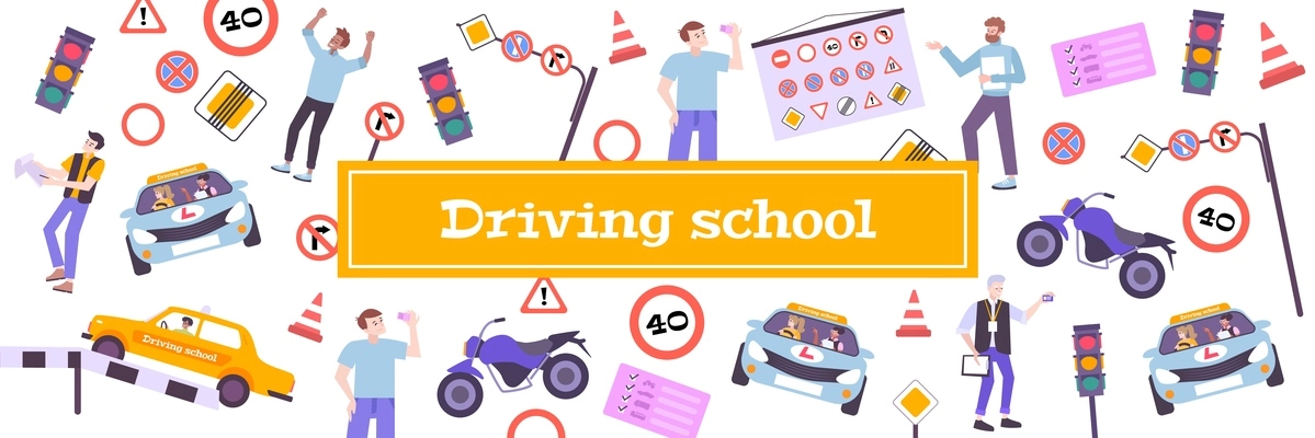 Driving school pattern with theory and training symbols flat vector illustration