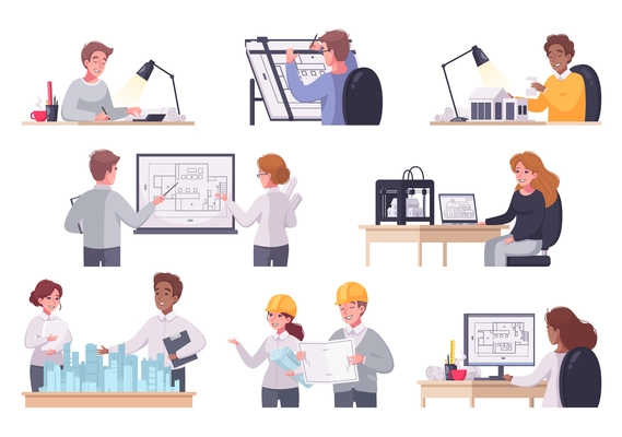 Architect cartoon set with isolated compositions of people with projects at working places on blank background vector illustration
