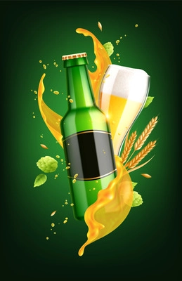 Beer realistic composition with images of glass and bottle with empty label and splashes of liquid vector illustration