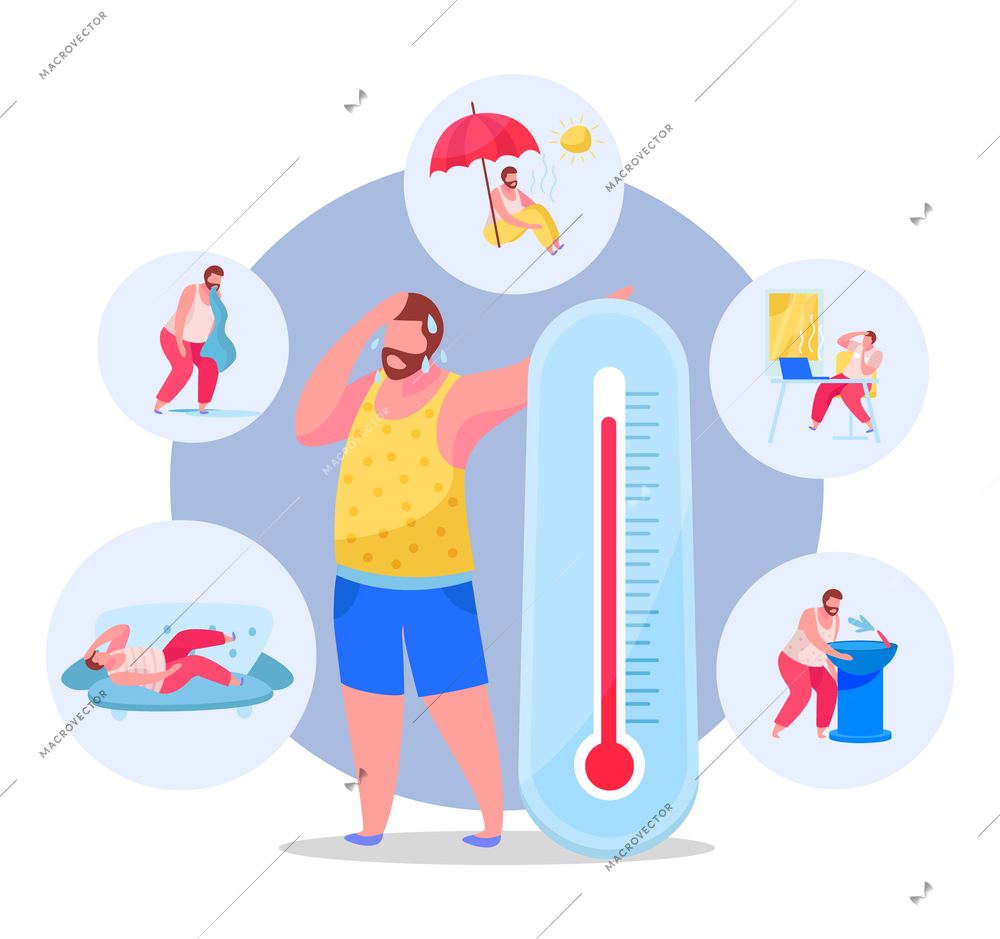 Summertime heatstroke prevention tips symptoms flat circular background composition with sweating man leaning on thermometer vector illustration