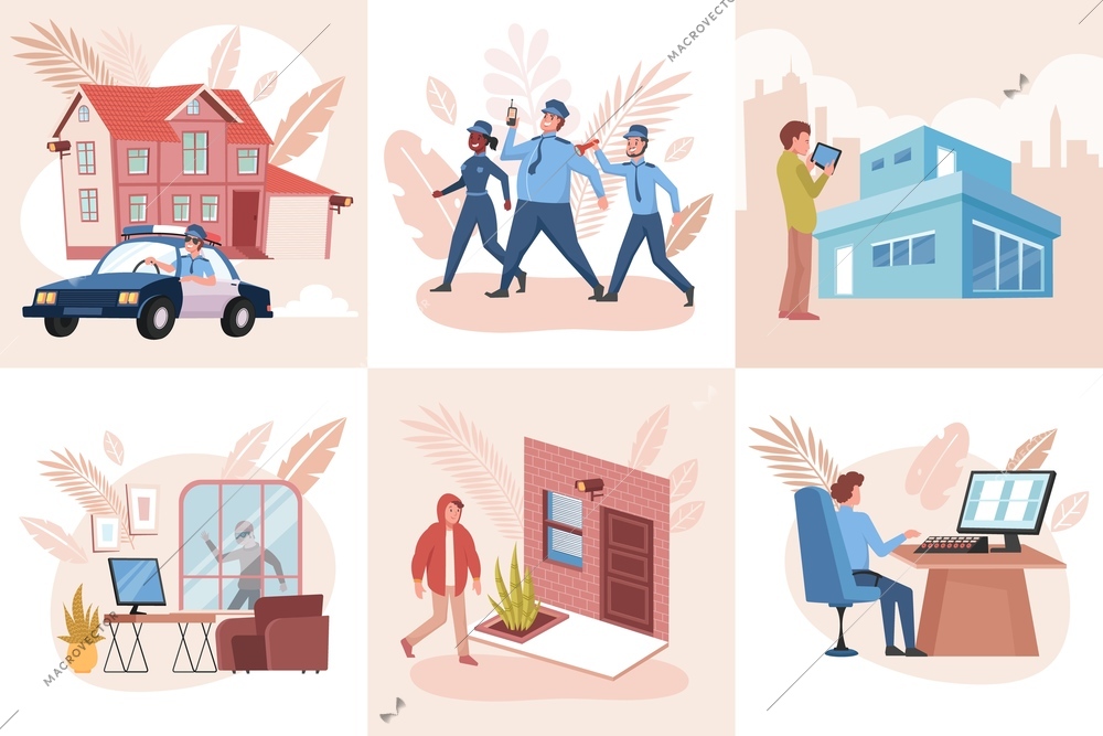 House security design concept with set of square compositions with human characters buildings and police officers vector illustration