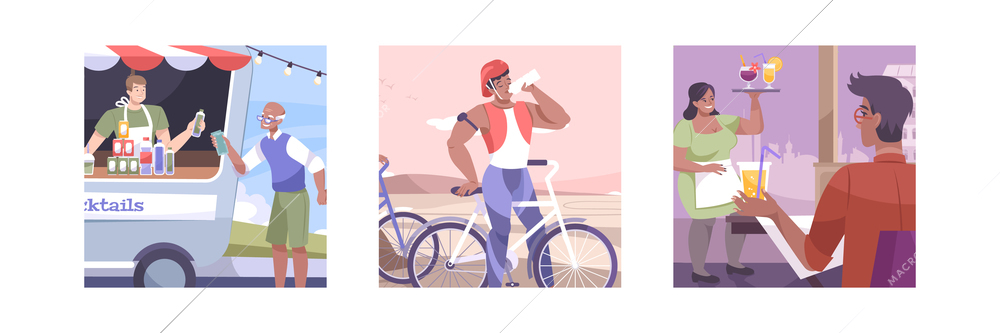 Three squares isolated and flat cool drink icon set with food and drinks truck quenching thirst cyclist  and cocktail in the bar vector illustration