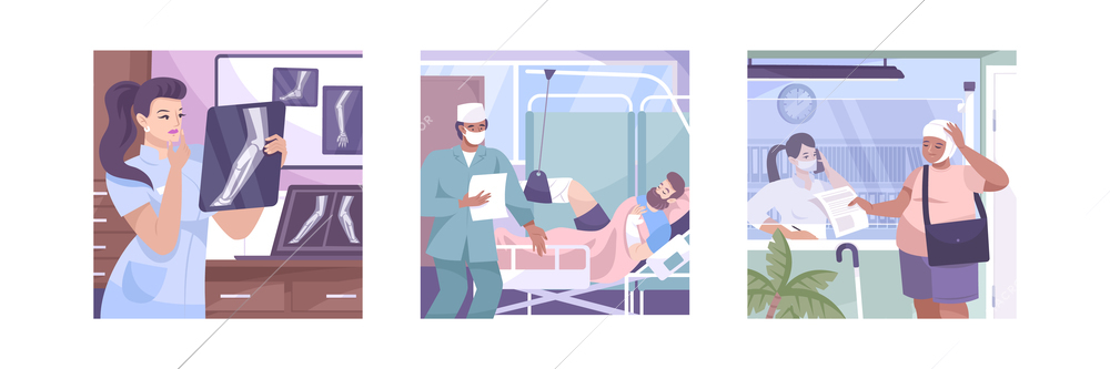 Fracture flat illustration set with doctor looking at x ray examines the patient s medical history and registration desk vector illustration