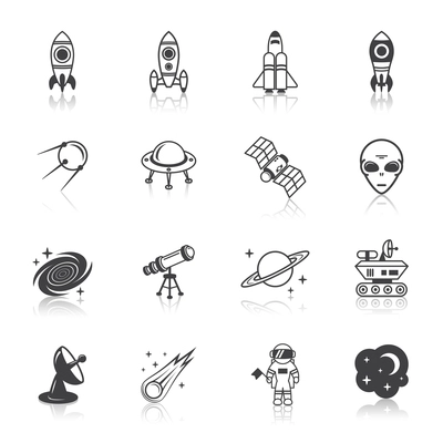 Space line icons set of shuttle astronaut alien and comet vector illustration