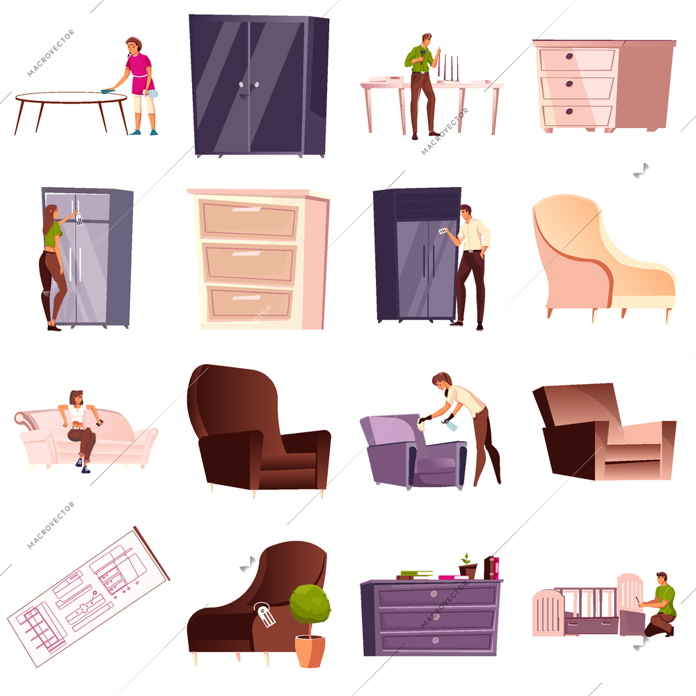 Flat set of icons with furniture maker people at home and in shop wardrobe armchair cupboard table isolated vector illustration