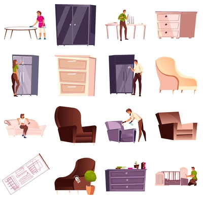 Flat set of icons with furniture maker people at home and in shop wardrobe armchair cupboard table isolated vector illustration