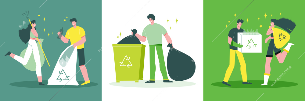 Garbage collecting recycling concept 3 flat compositions with sorting waste in boxes plastic bags containers vector illustration