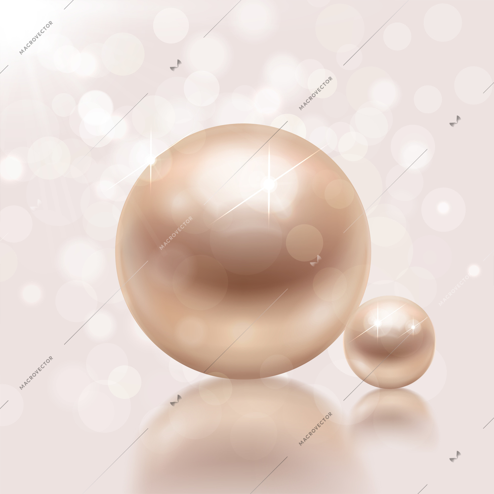 Realistic pearls background with composition of flare lights blurred specks with big and small pearl beads vector illustration