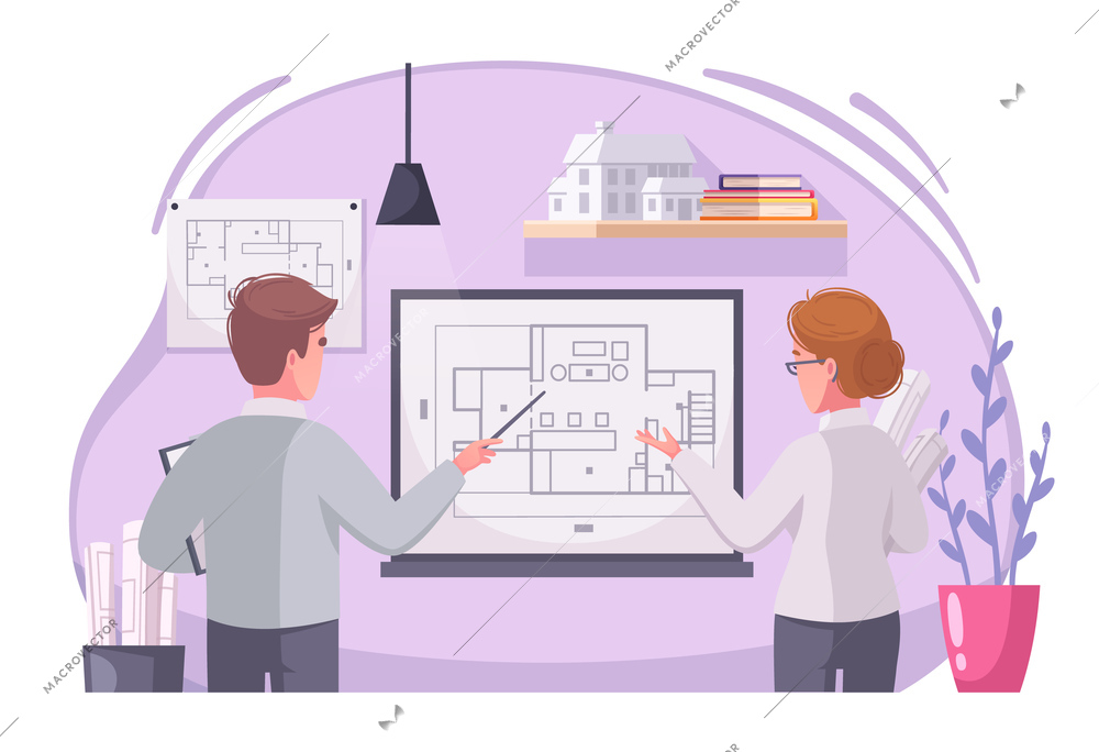 Architect work cartoon composition with male female colleagues discussing projects technical drawing on laptop screen vector illustration