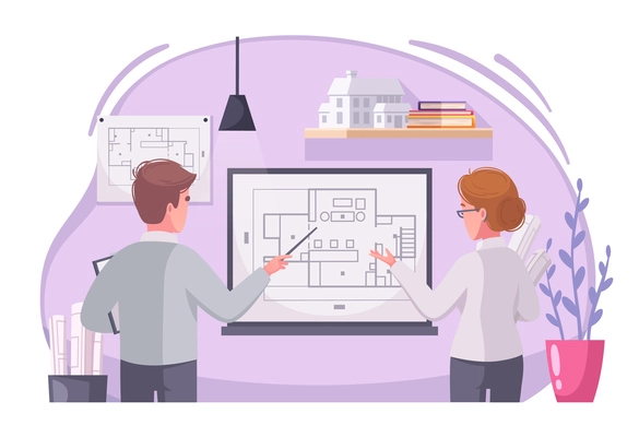 Architect work cartoon composition with male female colleagues discussing projects technical drawing on laptop screen vector illustration