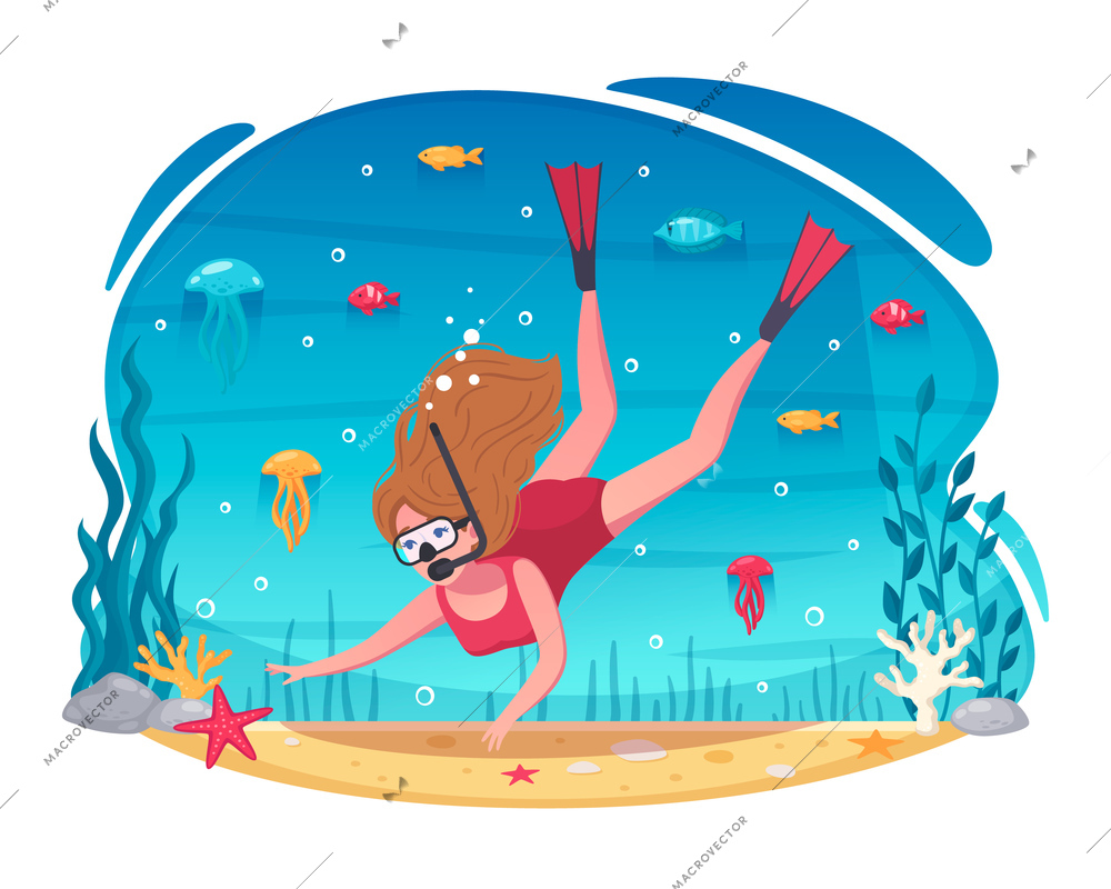 Snorkeling diving holidays cartoon underwater composition with woman in mask snorkel fins reaching for starfish vector illustration