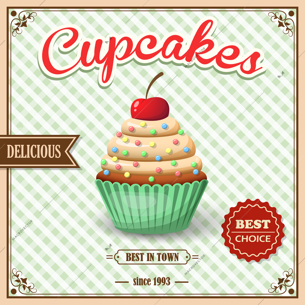 Sweet food dessert delicious cupcake on cafe retro poster on squared background vector illustration