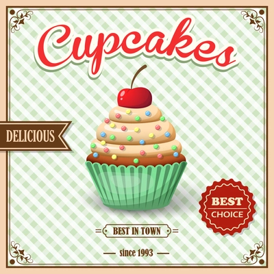 Sweet food dessert delicious cupcake on cafe retro poster on squared background vector illustration