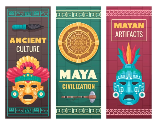 Maya civilization ancient culture textile stone artifacts museum exhibit advertisement announcement 3 cartoon ornamental banners vector illustration