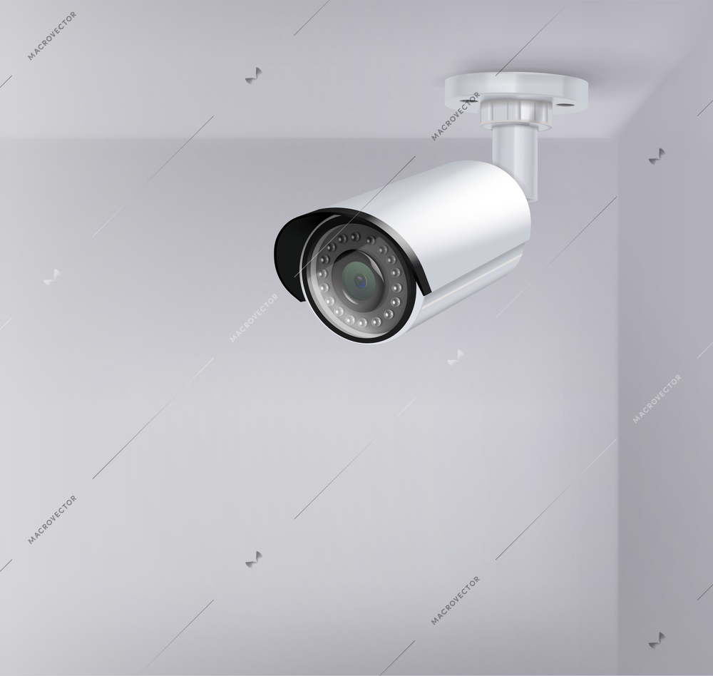 Video surveillance security cameras realistic composition camera hangs in the corner behind the top vector illustration