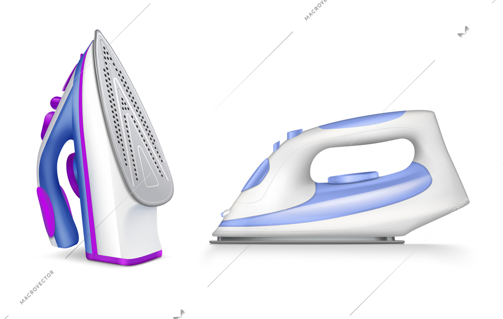 Iron ironing realistic icon set two irons are in different positions on white background vector illustration