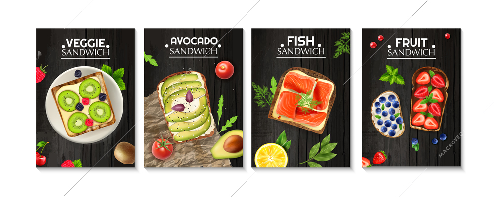 Bread slices with vegetables fish avocado and berries served on wooden table realistic poster set isolated vector illustration