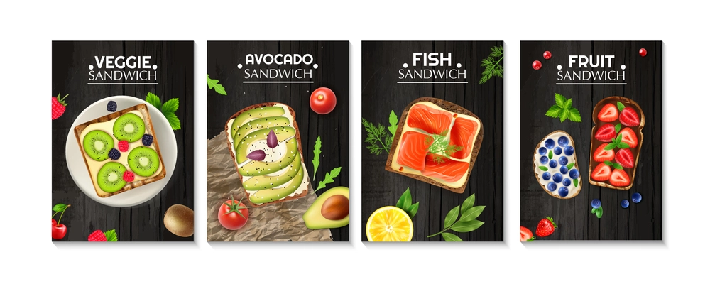 Bread slices with vegetables fish avocado and berries served on wooden table realistic poster set isolated vector illustration