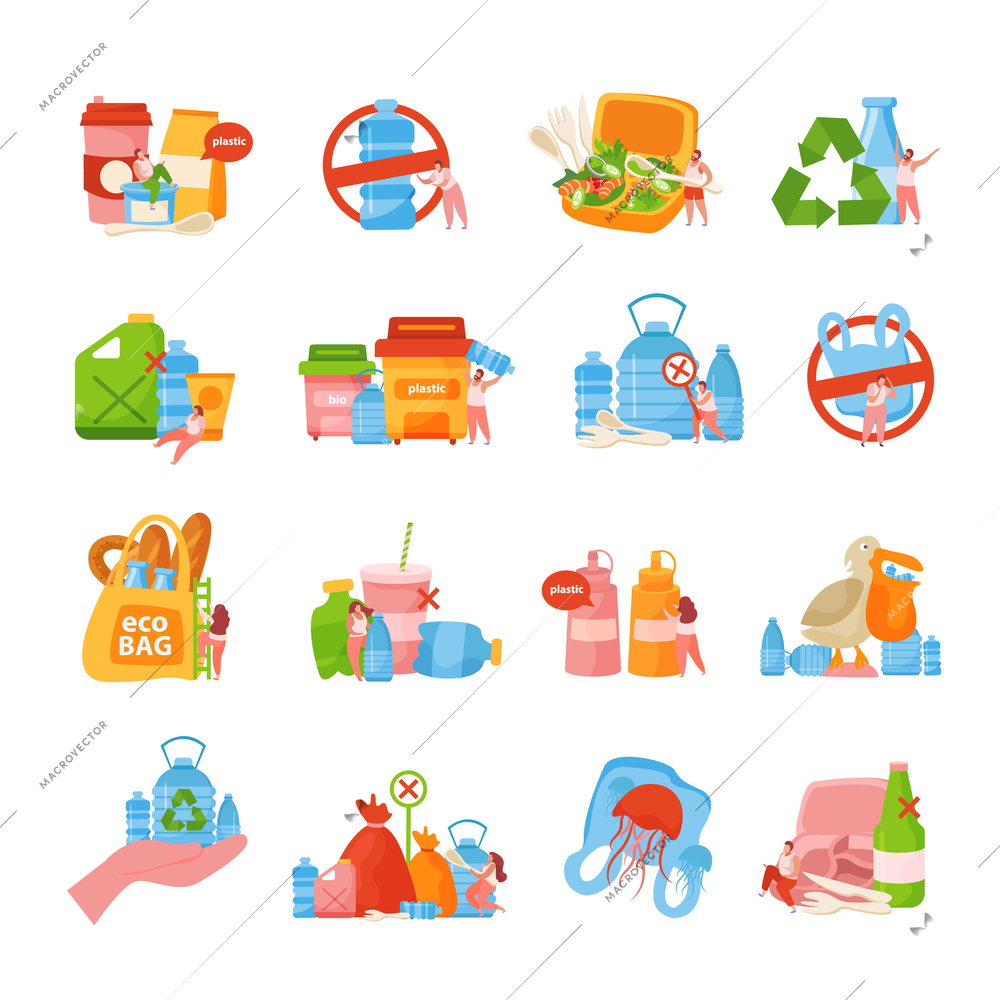 Stop plastic flat icon set with plastic bags bottles cups and boxes vector illustration