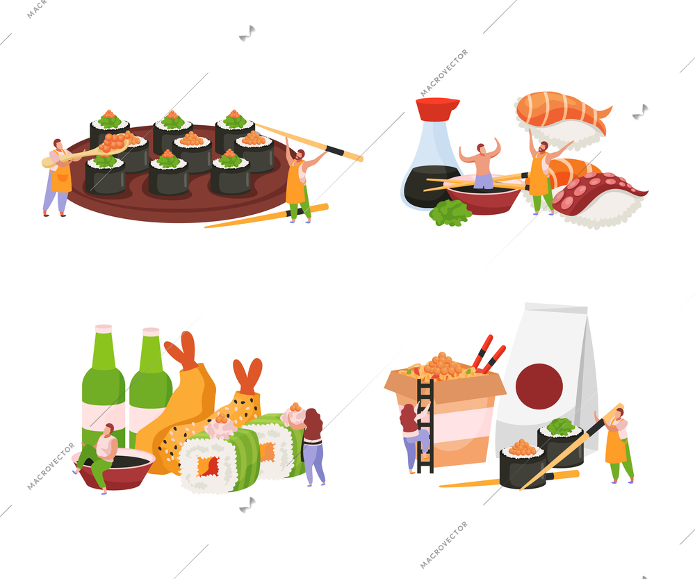 Sushi flat colored icon set with plate full of maki big tempura shrimps and japan food delivery service vector illustration