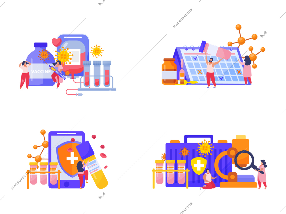 Vaccination flat composition with time to vaccine headline and medical tools syringes drugs and test tubes vector illustration