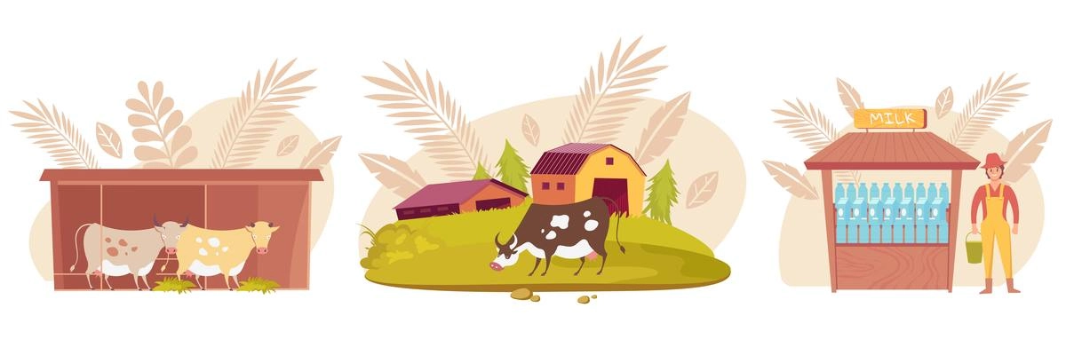 Set of three dairy products compositions with flat images of cows in shed and milkman character vector illustration