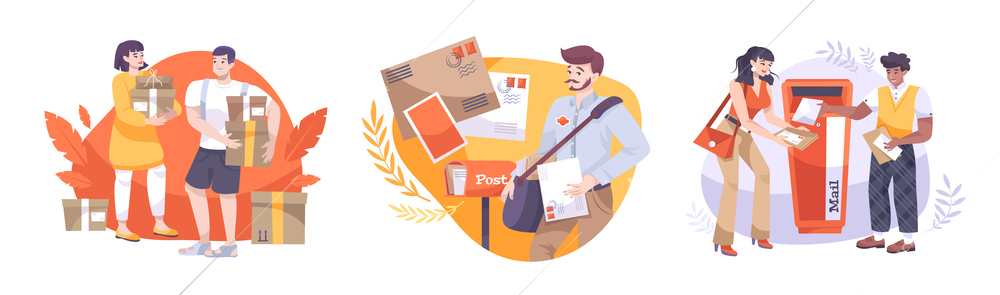 Post office set of three compositions with flat human characters of postal workers letters and parcels vector illustration