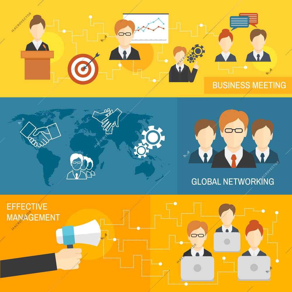 Teamwork business meeting global networking effective management banners set isolated vector illustration