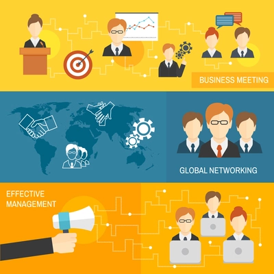 Teamwork business meeting global networking effective management banners set isolated vector illustration