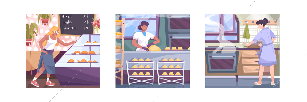 Set of three square bakery compositions with indoor views of kitchen and cafe with human characters vector illustration