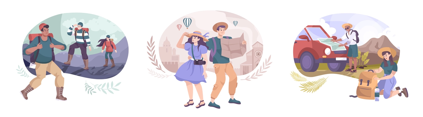Excursion set of three outdoor compositions with flat human characters of mountain hikers and city tourists vector illustration