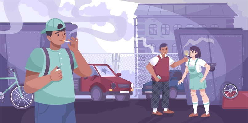 Teenagers smoke flat composition with deprived district scenery and characters of teenagers smoking cigarettes on backstreet vector illustration