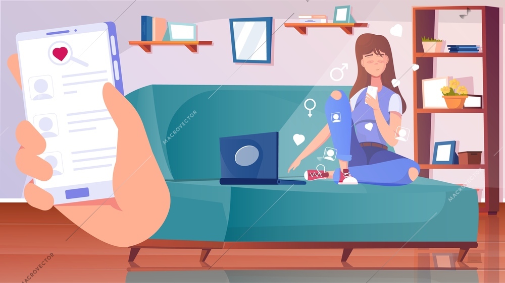 Dating site flat composition with home interior scenery and girl on sofa with laptop and smartphone vector illustration