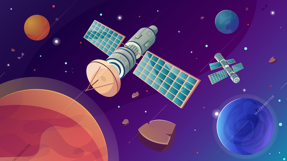 Space satellite flat composition with outer space scenery stars and planets with meteorites and artificial satellite vector illustration