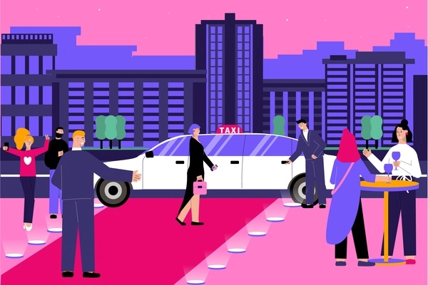 Vip taxi flat composition with evening cityscape scenery and red carpet with human characters and limousine vector illustration