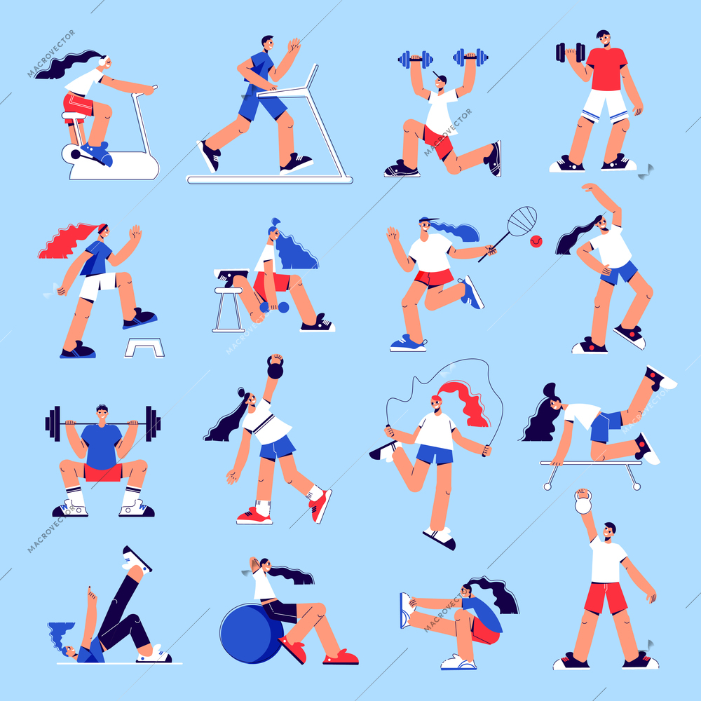 Fitness people flat set with jump rope workout stretching weightlifting ball training machine exercises background vector illustration